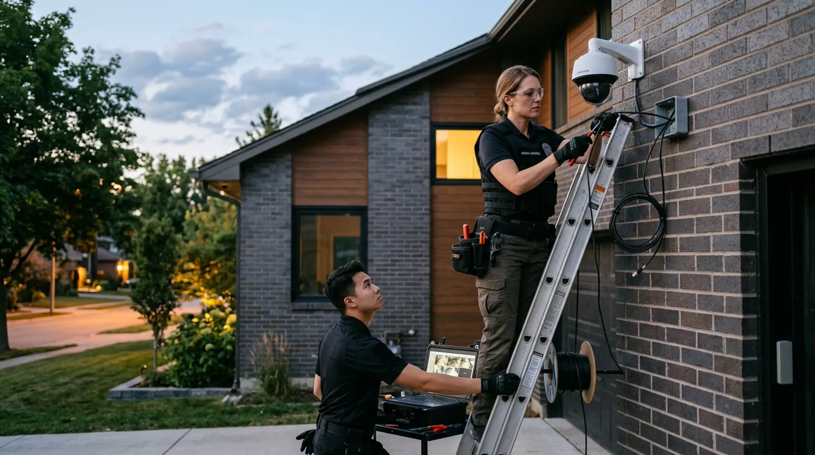 Certified security installation technicians mounting surveillance equipment on property facade